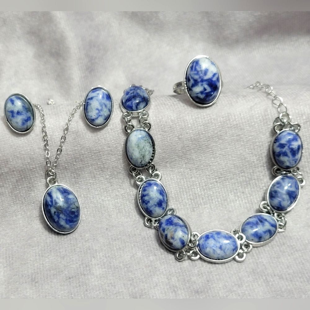 Sodalite Pendant Necklace, Bracelet, Earrings, and Ring